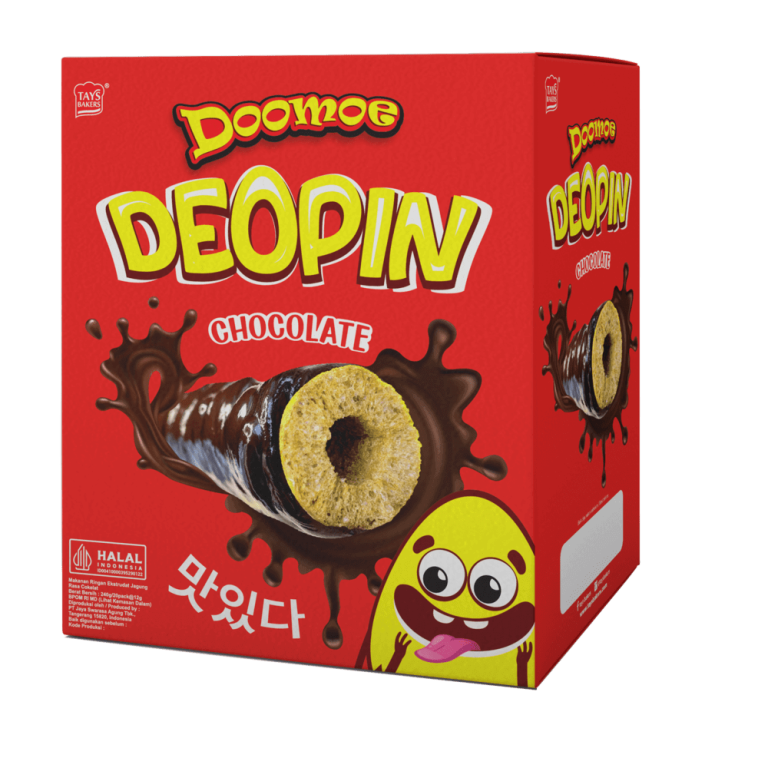 Doomoe Deopin Chocolate Stik jagung renyah dengan rasa cokelat yang menggugah selera.